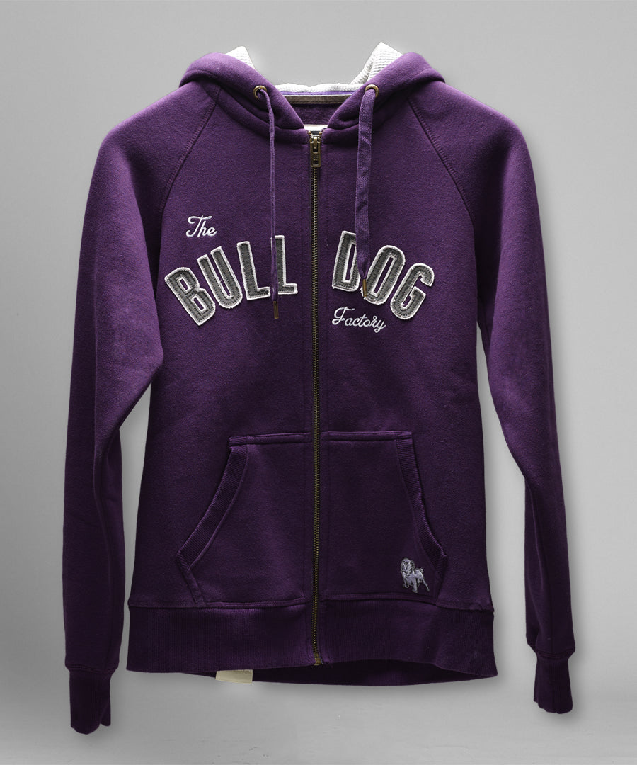 Purple hoodie with 'The Bulldog Factory' logo on a gray background