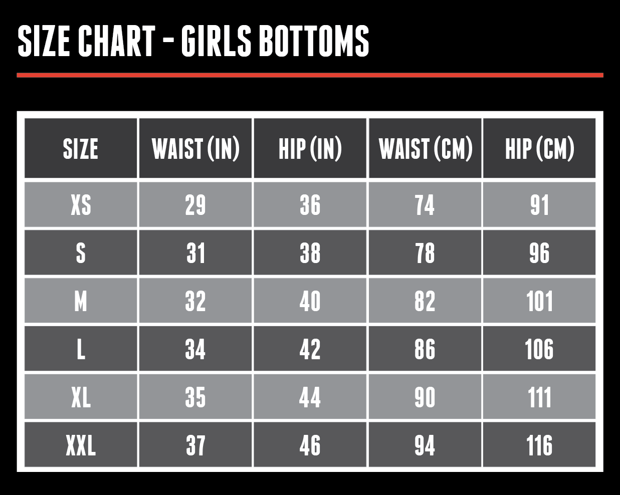 Size Chart - Girls Bottoms.